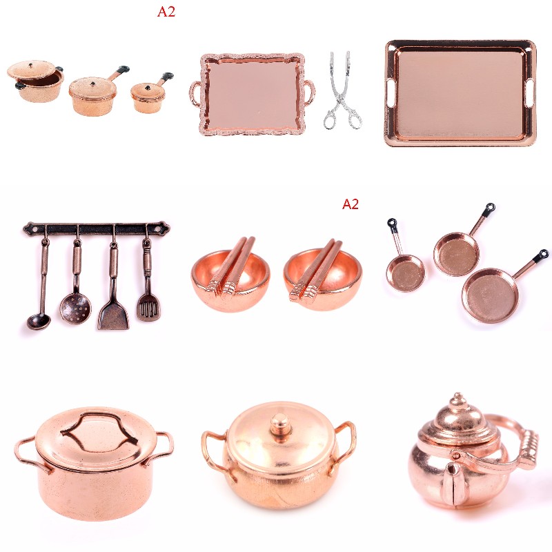 Gaming Kitchen Accessories - 1:12 スケールドールハウスミニチュアローズゴールドカラーフライパン調理ポットケトル調理器具キッチン調理キット人形アクセサリー