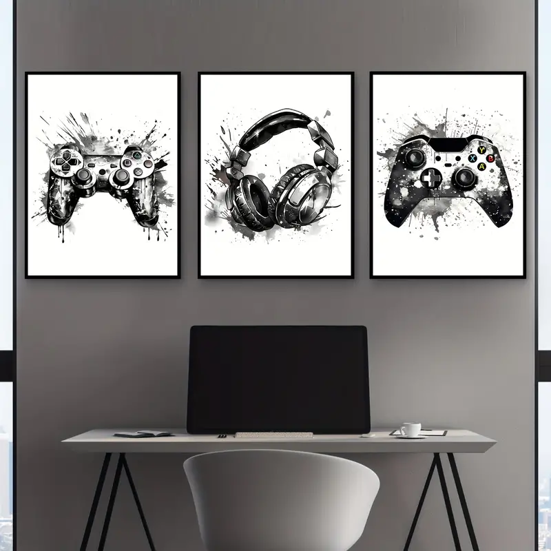 Gaming Accessories Wall - 3枚組フレームレスキャンバス絵画 3枚セット ゲーミンググラフィティ ゲームパッド イヤホン 面白いウォールアート