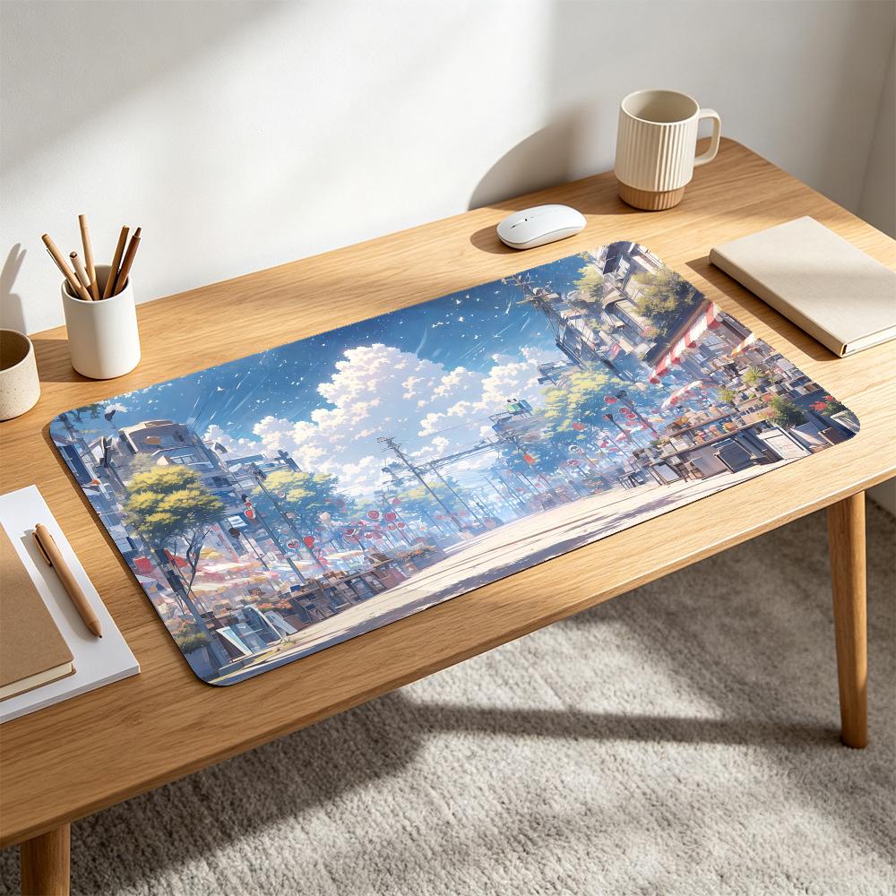 アニメ風日本の街並み、夏のマーケット、大型マウスパッド、青い - Gaming Accessories Market のレビューと価格