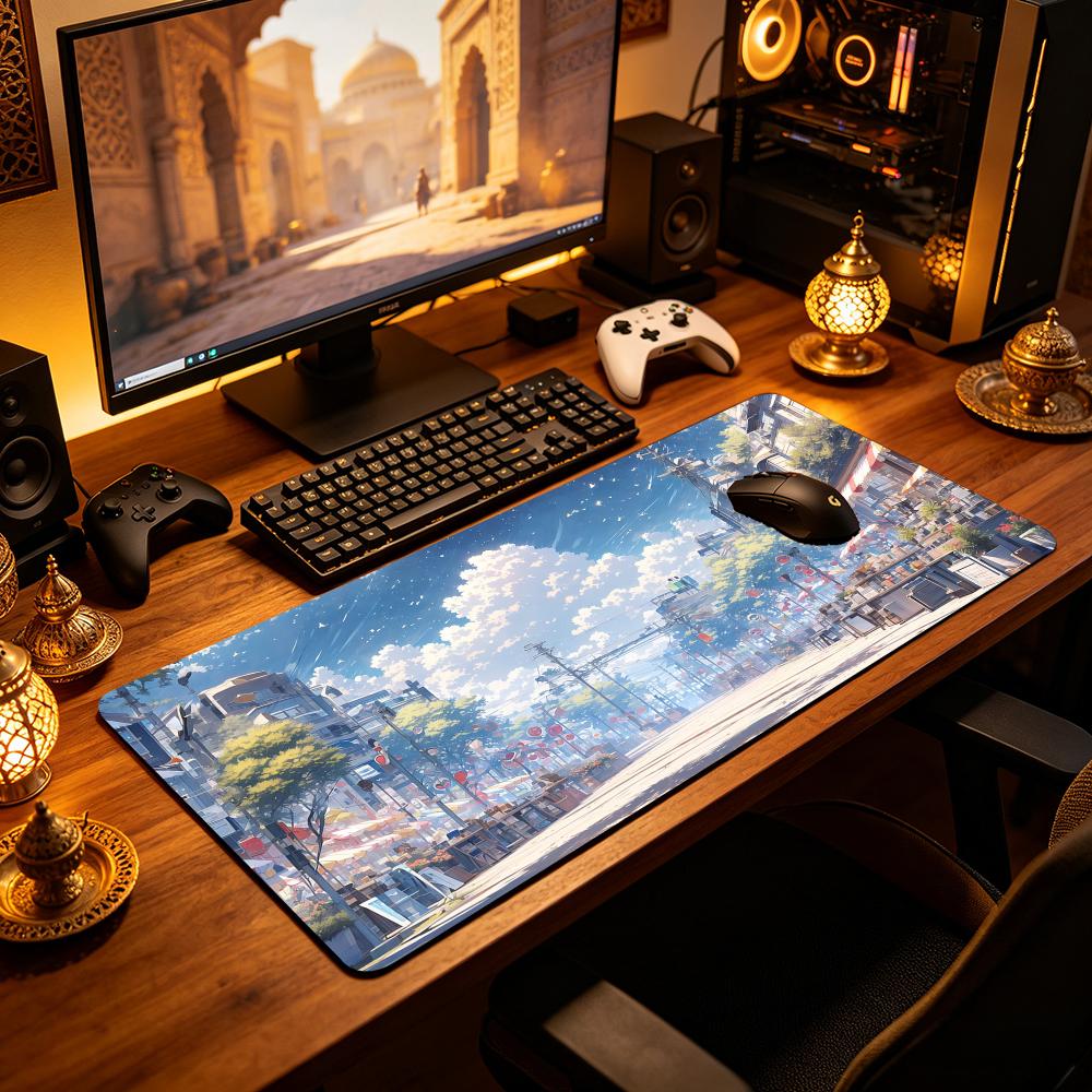 アニメ風日本の街並み、夏のマーケット、大型マウスパッド、青い - Gaming Accessories Market のレビューと価格